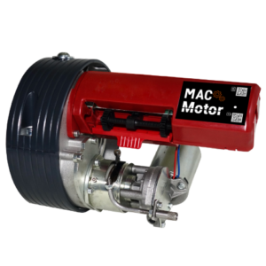 Plano detalle de motor para puertas enrollables MacMotor con carcasa roja con el logo de Mac Project