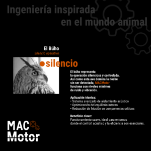 Búho y texto silencio, que simbolizan los motores silenciosos para puertas enrollables MacMotor